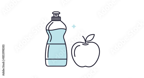 Dishwashing detergent bottle next to a green apple symbolizing kitchen hygiene and cleaning fresh produce before consumption.