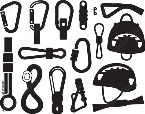 Collection of Climbing and Mountaineering Equipment Essential Gear Tools Safety Elements for Rock Climbing Isolated Vector Illustration