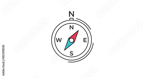Simple circular compass illustration with cardinal directions and a red and blue needle used for finding way and orientation.