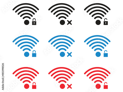 Wireless network connection and security status icons set, collection of wifi signal symbols with lock and error indicators