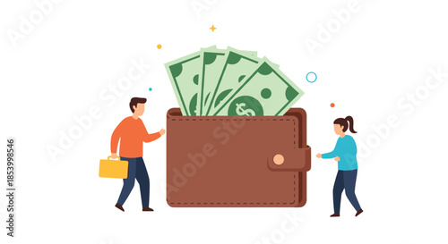 Small people walking towards a giant brown leather wallet filled with green cash bills representing savings and financial planning.