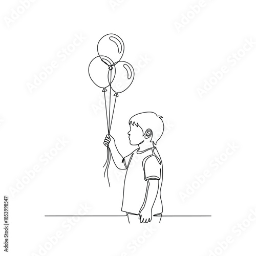 Child holding a bunch of balloons in a simple line drawing