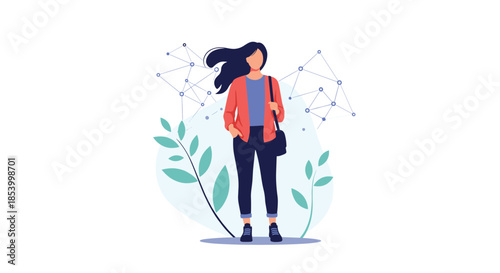 Young woman walking confidently with a shoulder bag against a background of interconnected nodes representing global connectivity.