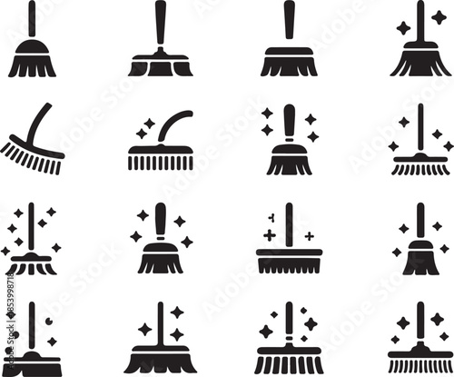 Cleaning tool vector art featuring black silhouette icon of brooms and brushes for household cleanup around 130 characters