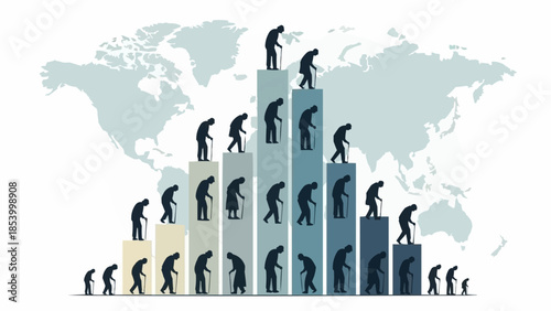 Aging population represented by silhouettes on a bar graph.
