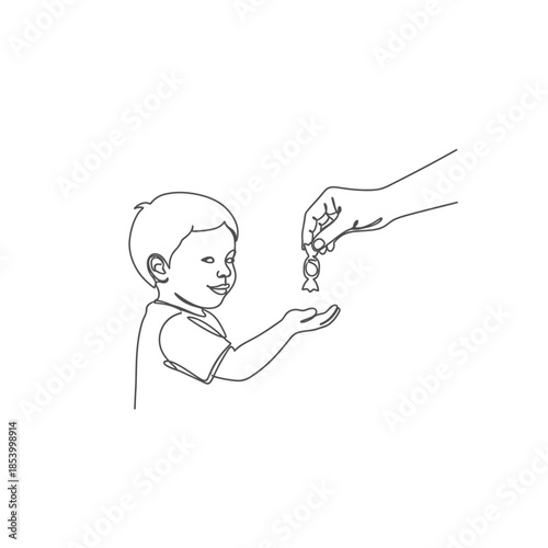 Child receives small object from adult hand in sketch