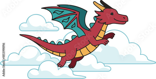 Vector illustration of a cute red cartoon dragon flying through the sky surrounded by white clouds.