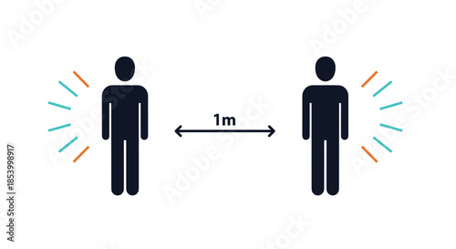 Simple human silhouettes separated by a one meter distance indicator with signal lines for social distancing awareness.
