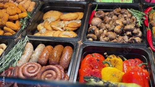 Assorted grilled and roasted foods displayed in trays: sausages, mushrooms, stuffed peppers, patties and herbs at a market food stand.
