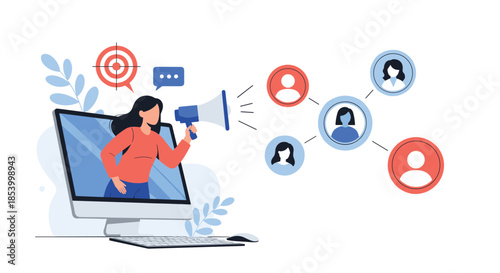 Woman coming out of a computer screen holding a megaphone to broadcast digital marketing announcements to targeted people.