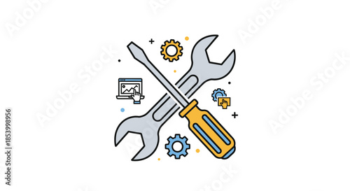 Crossed wrench and screwdriver icons with gears and a data chart symbolizing technical support and maintenance services.
