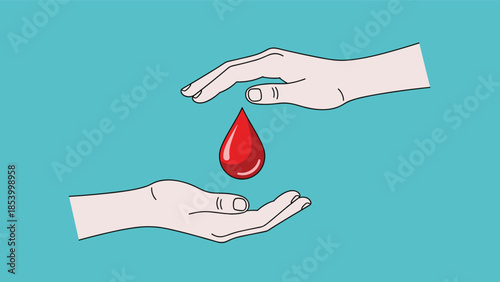 Hands donating blood drop illustration healthcare charity concept medical support lifesaving aid isolated blue background vector design