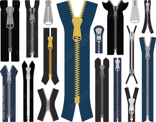 Zipper collection various types and sizes fastener set for clothes and bags realistic design with metallic elements detailed vector