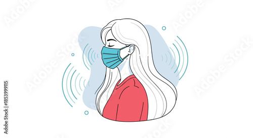 Side view of a woman wearing a blue medical mask with signal waves suggesting health monitoring or air quality awareness.