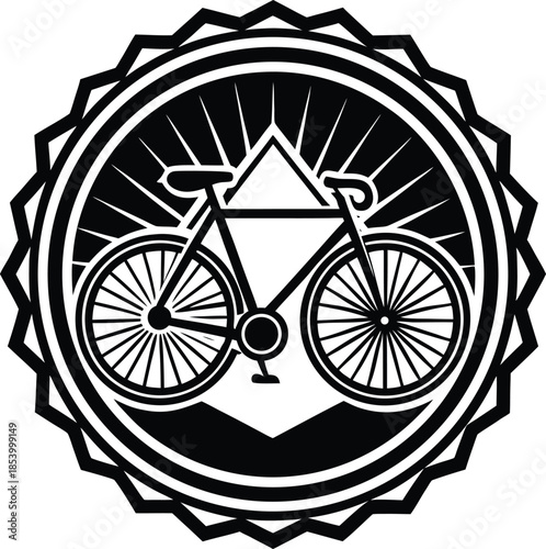 Vintage bicycle emblem with sunburst and triangular design in black and white