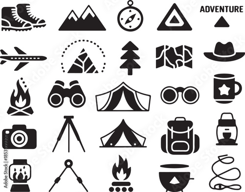 Set of Adventure Outdoor Travel Tourism Vacation Elements like Camping Gear, Hiking Equipment, Tourist Accessories in Simple Flat Silhouette Style