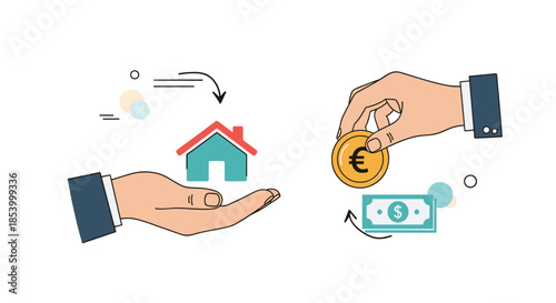 Hands exchanging a house model and a gold coin representing real estate transactions and property mortgage payments.