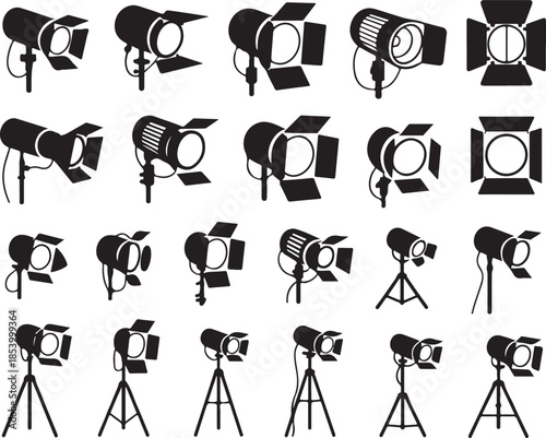 Set of Studio Lighting Equipment for Photo Video Production Like Spotlights, Softboxes, Umbrellas in Simple Flat Silhouette Style