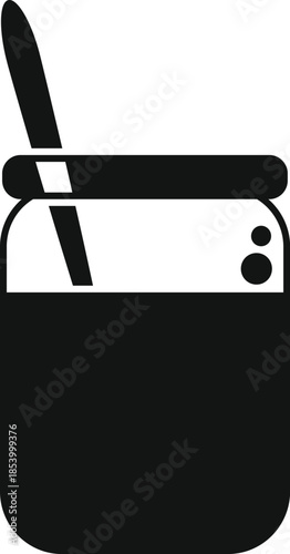 Yogurt in a glass jar with a spoon, black and white icon
