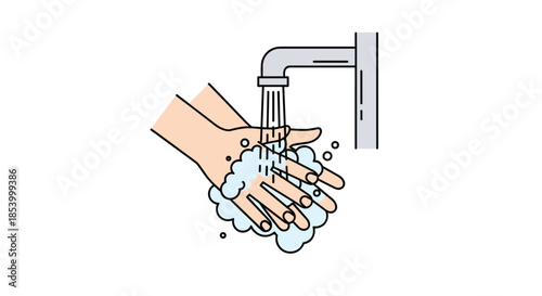 Close up illustration of human hands being washed with soap and water from a faucet for virus and bacteria prevention.