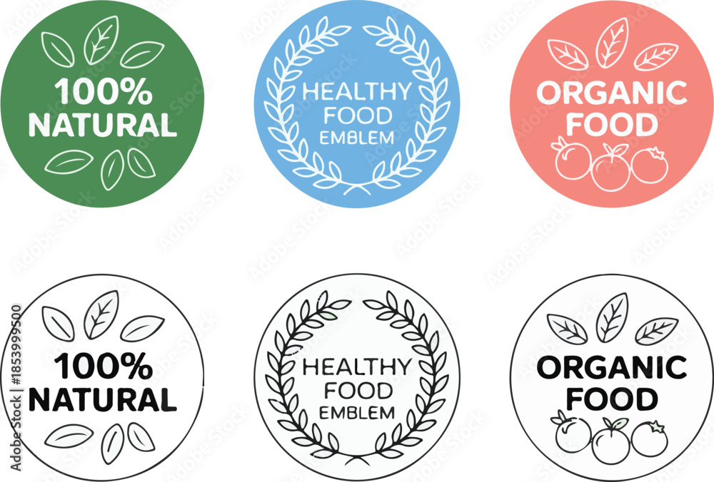 Fototapeta premium Organic natural healthy food emblem for agriculture vegan vegetarian farm local product bio product market and fresh vegetable certificate