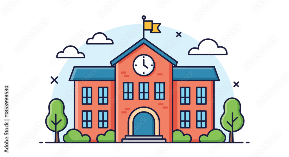 Fototapeta premium School building illustration with a red brick facade clock and flag set against a cloudy blue sky background.