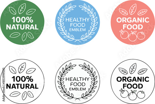 Organic natural healthy food emblem for agriculture vegan vegetarian farm local product bio product market and fresh vegetable certificate