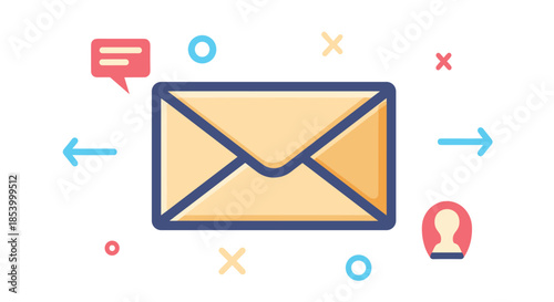 Digital communication concept showing an envelope icon surrounded by various messages and social media symbols.