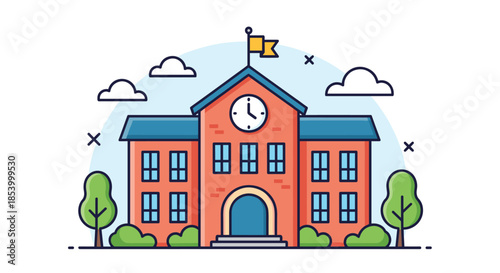 School building illustration with a red brick facade clock and flag set against a cloudy blue sky background.