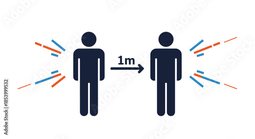 Vector illustration showing two human silhouettes maintaining a safe physical distance of one meter with arrows.
