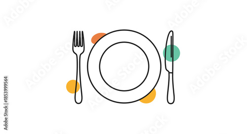 Dinner place setting illustration featuring a white plate a fork and a knife with colorful background accents.