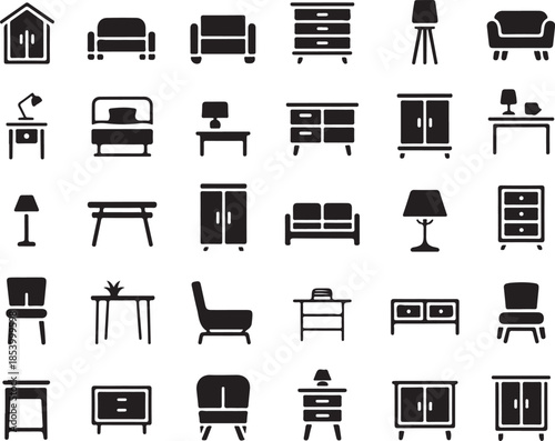Assortment of furniture silhouettes including chairs sofas tables and storage solutions vector illustration exactly 130 characters length