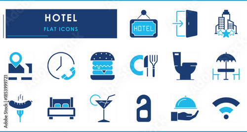 A set of flat icons related to Hotel. Room, food, service, call, toilet, star, location, sign, and so on.