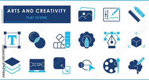 A set of flat icons related to Graphic Design. Graphic, digital art, graphical tablet, tools, scale, pencil, and so on.