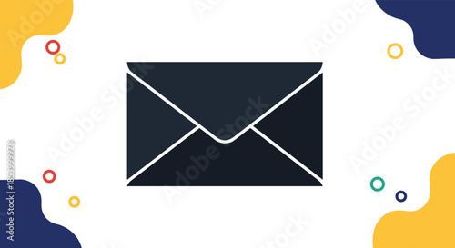Minimalist black envelope icon centered on a white background with colorful abstract shapes and dots at the corners.