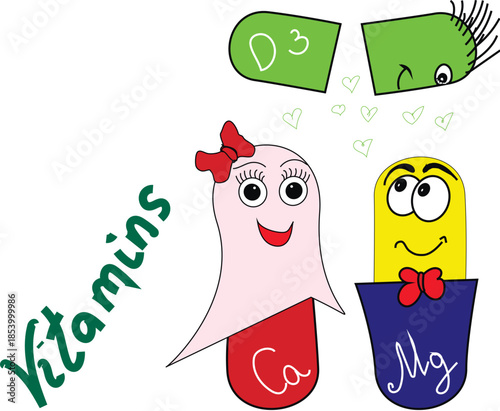 Illustration of essential vitamins and minerals like magnesium, calcium and vitamin D3 for health