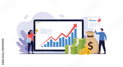 Team of analysts work on a financial growth strategy using a laptop, large charts, money bags, and stacks of coins.