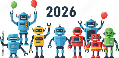 Group of colorful robots celebrating the year 2026 with balloons