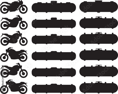 Motorcycle and Fuel Tank Silhouette Set Vector Illustration Transportation Vehicle Parts and Equipment on Background 125 Characters