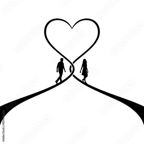Couple walking towards a heart shape symbol with intersecting paths Vector