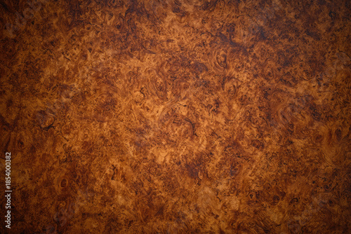 Burl wood veneer texture features swirling grain patterns and rich brown tones creating natural organic surface ideal for furniture or interior design with warm inviting feel