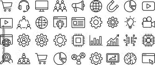 Digital marketing line icons set for business data analysis technology development social media strategy SEO optimization growth management professional networking corporate communication 