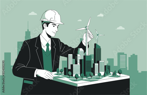 An architect contemplates a sustainable city model, symbolizing progress and innovation. Modern illustration with a green and gray palette.