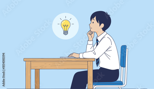 A young Asian man thoughtfully considers an idea, illuminated by a lightbulb. He sits at a desk, poised to create change. Modern illustration style.