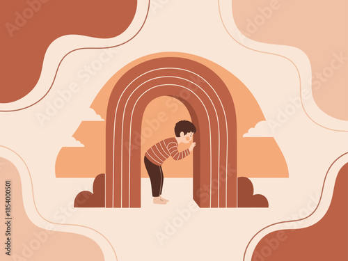 A young boy peers through an arched doorway into a warm, sunset landscape. A hopeful, minimalist illustration with soft colors and a sense of optimism.