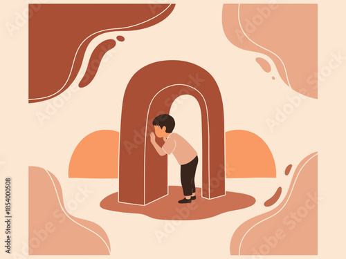 A young boy peers through an archway, looking towards a distant, warm horizon. A minimalist, modern illustration with earthy tones and flowing shapes.