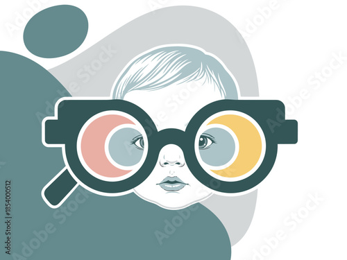 A charming illustration features a child wearing oversized glasses, radiating warmth and care. The design uses soft colors and abstract shapes, conveying love and tenderness. "Care With Love" text.