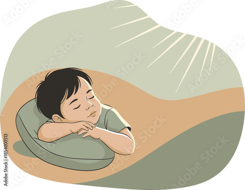 A young boy sleeps peacefully, bathed in warm sunlight. Soft colors and a serene expression evoke comfort and rest. Focus on care.