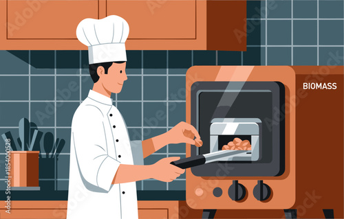 A chef carefully monitors a biomass oven in a modern kitchen. Warm lighting and a professional setting create a comforting, culinary scene.