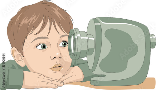 A curious young boy peers through a large camera lens, exploring the world. A vibrant, detailed illustration captures a moment of wonder and discovery.